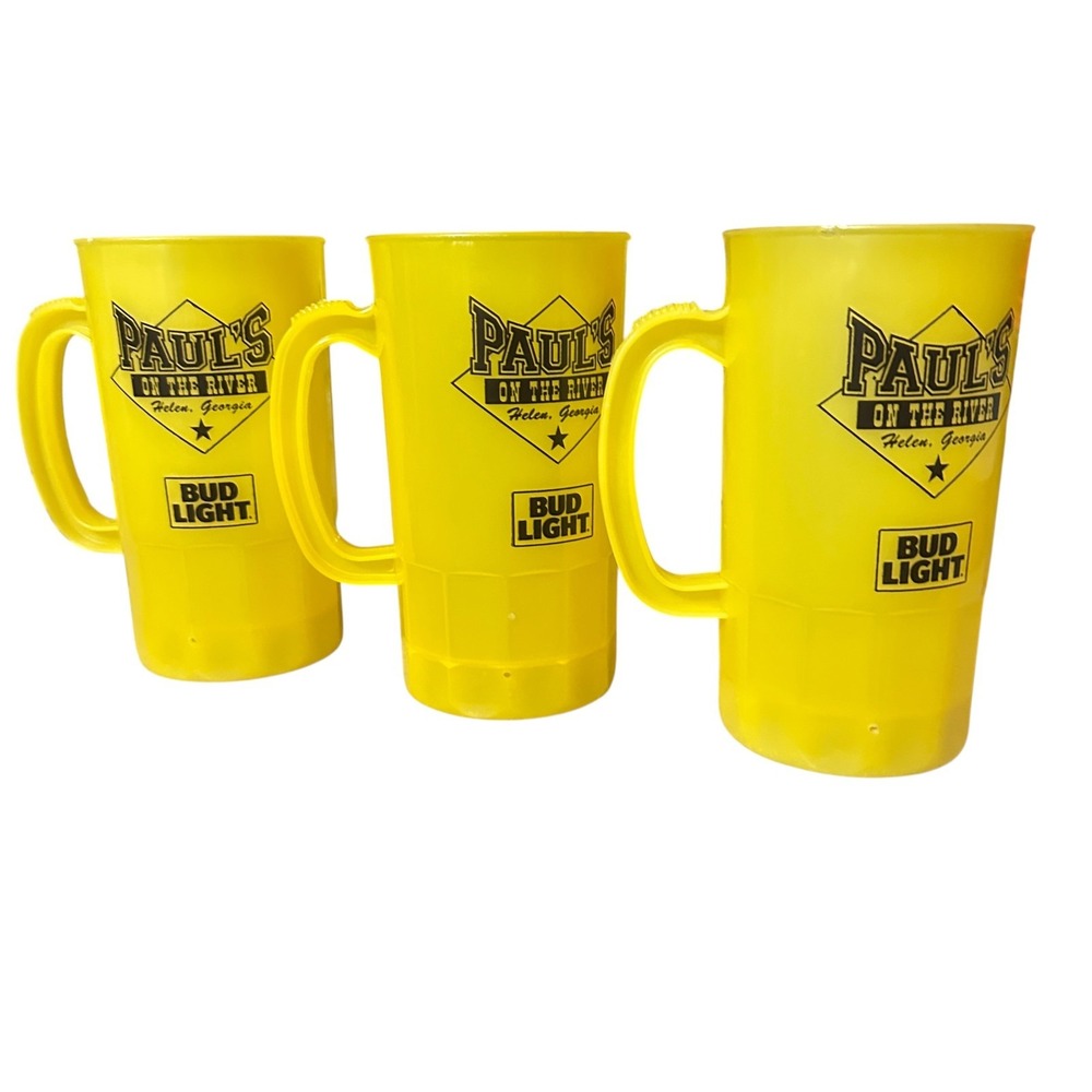 Bud Light Paul's On The River MarPlastic Beer‎ Mug Set/3 Bright Yellow Souvenir